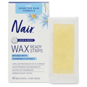 Nair Sensitive Hair Remover Wax Ready Strips, Legs And Body Hair Removal Wax Strips, 40 Count