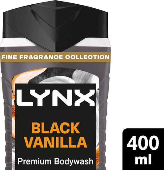 Lynx Fine Fragrance Collection Black Vanilla Premium Body Wash Body Cleanser Shower Gel With A Vanilla, Orange & Sandalwood Scent For 12 Hours Of Freshness 400 Ml