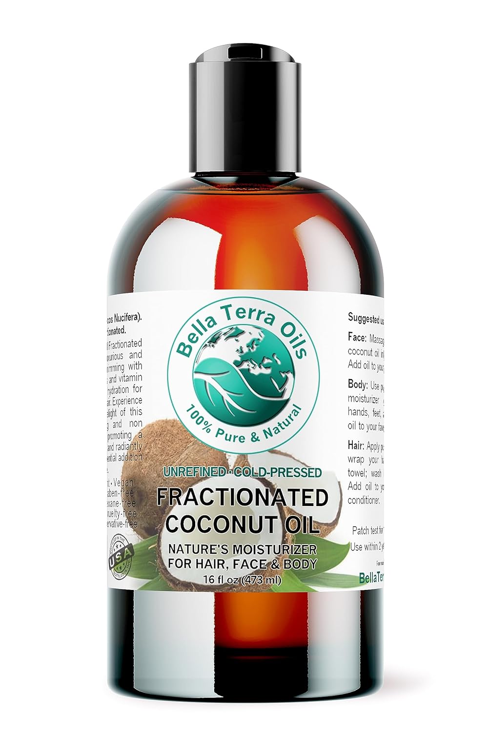 Bella Terra Oils - Liquid Organic Fractionated Coconut Oil 16 oz - Dive into Nutritional Excellence, Known for Antioxidants & MCTs, A Luxurious Treat for the Skin