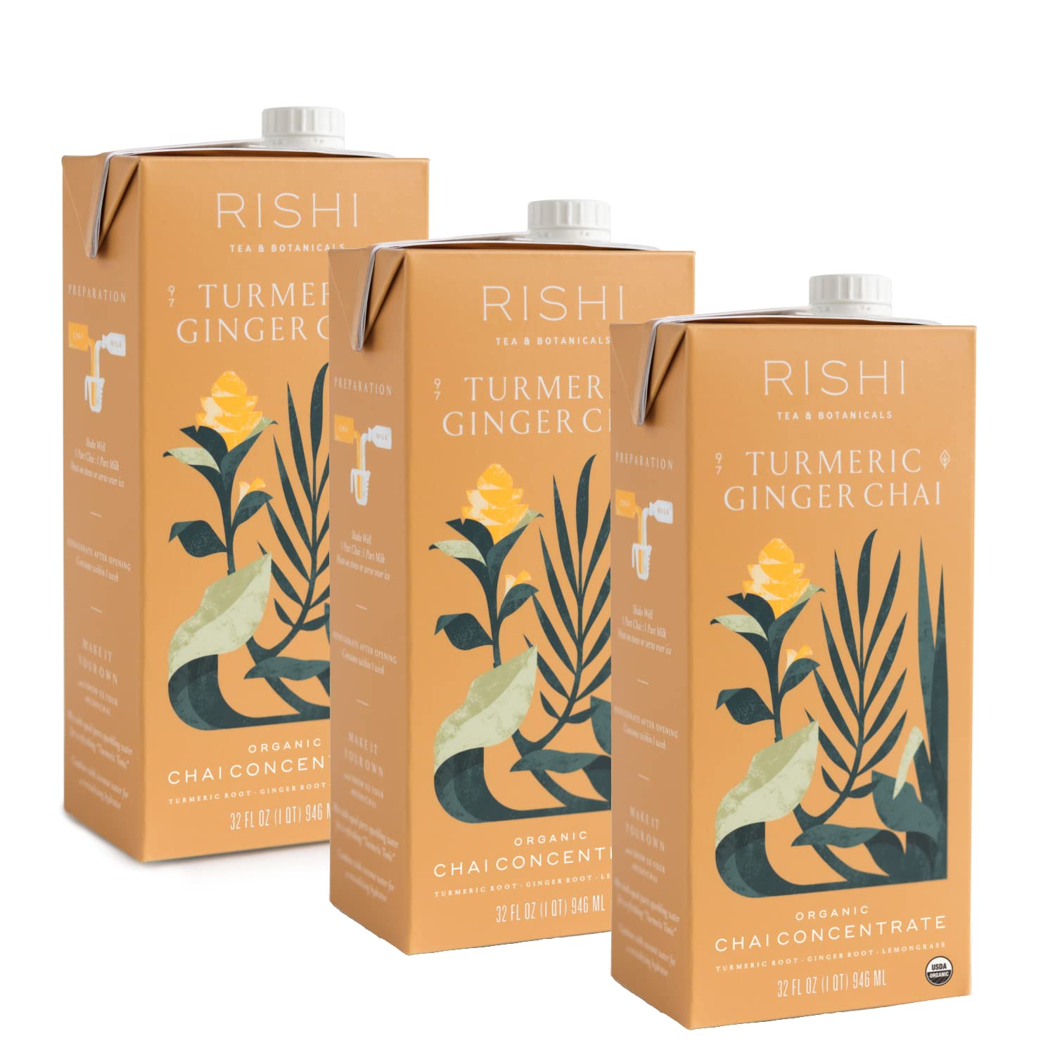 Rishi Tea Turmeric Ginger Chai Concentrate Beverage | Immune Support, Usda Certified Organic, Caffeine-Free, Ayurvedic, Energy-Boosting | Citrus Flavors For Taste | 32 Oz Carton, 8 Servings (3 Pack)