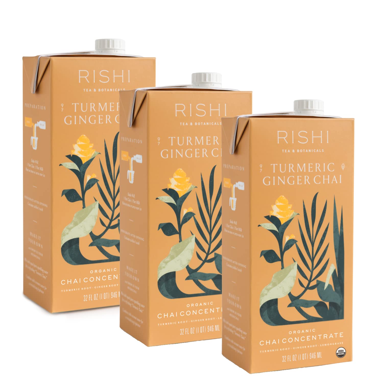 Rishi Tea Turmeric Ginger Chai Latte - Organic Herbal Tea Concentrate With Ayurvedic Ginger, Easy-To-Serve Hot Or Iced Caffeine Free Chai Mix - 32 Oz Carton, 8 Servings (Pack Of 3)