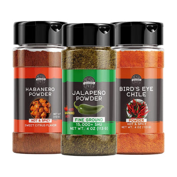 Birch & Meadow Pepper Powder Bundle, (4 Oz Each) Jalapeno, Habanero, & Bird'S Eye Chile Powder, Hot & Spicy