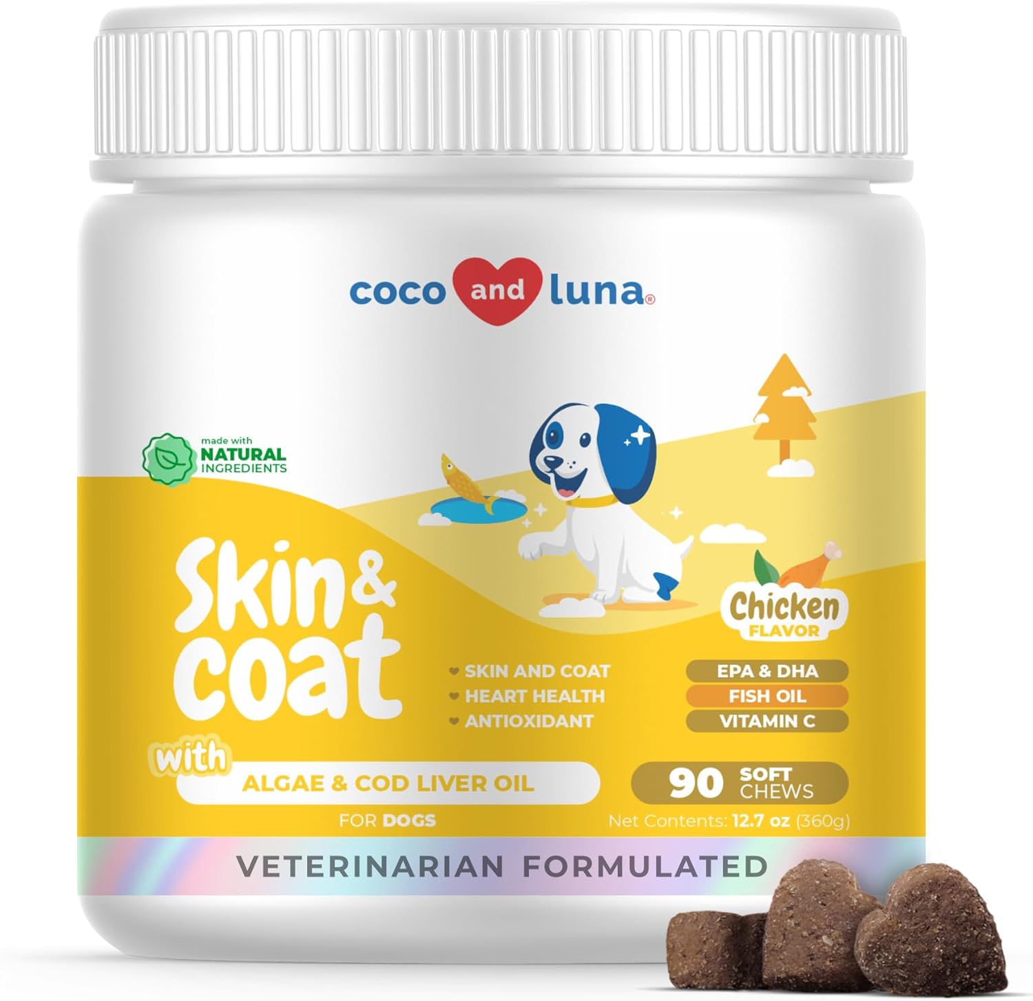 Omega 3 Fish Oil for Dogs - 90 Soft Chews - with Cod Liver Oil, Algae Oil, EPA & DHA Fatty Acids for Dog Shedding, Itchy, Dry Skin, Joint & Heart Support (Soft Chews)