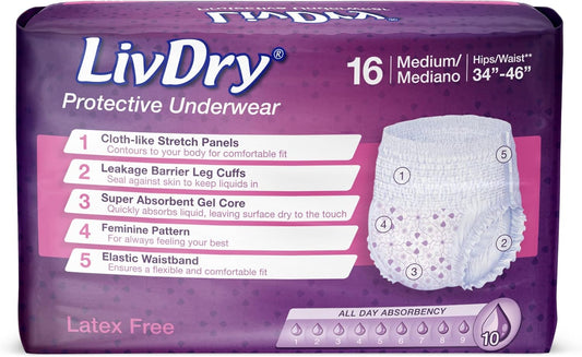 Livdry M Adult Diapers For Women, Ultimate Absorbency Incontinence Underwear, All Day Or Overnight Protection, Medium (64 Count)