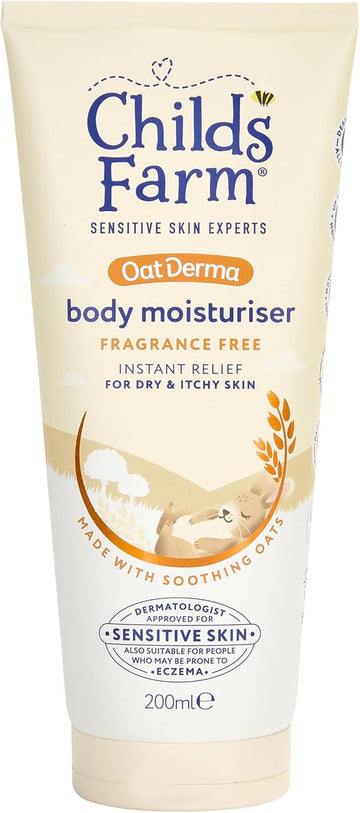 Childs Farm Oatderma Body Moisturiser, Fragrance Free, Soothing Hydration, Sensitive Skin, Emollient, Baby, Kids, 200Ml