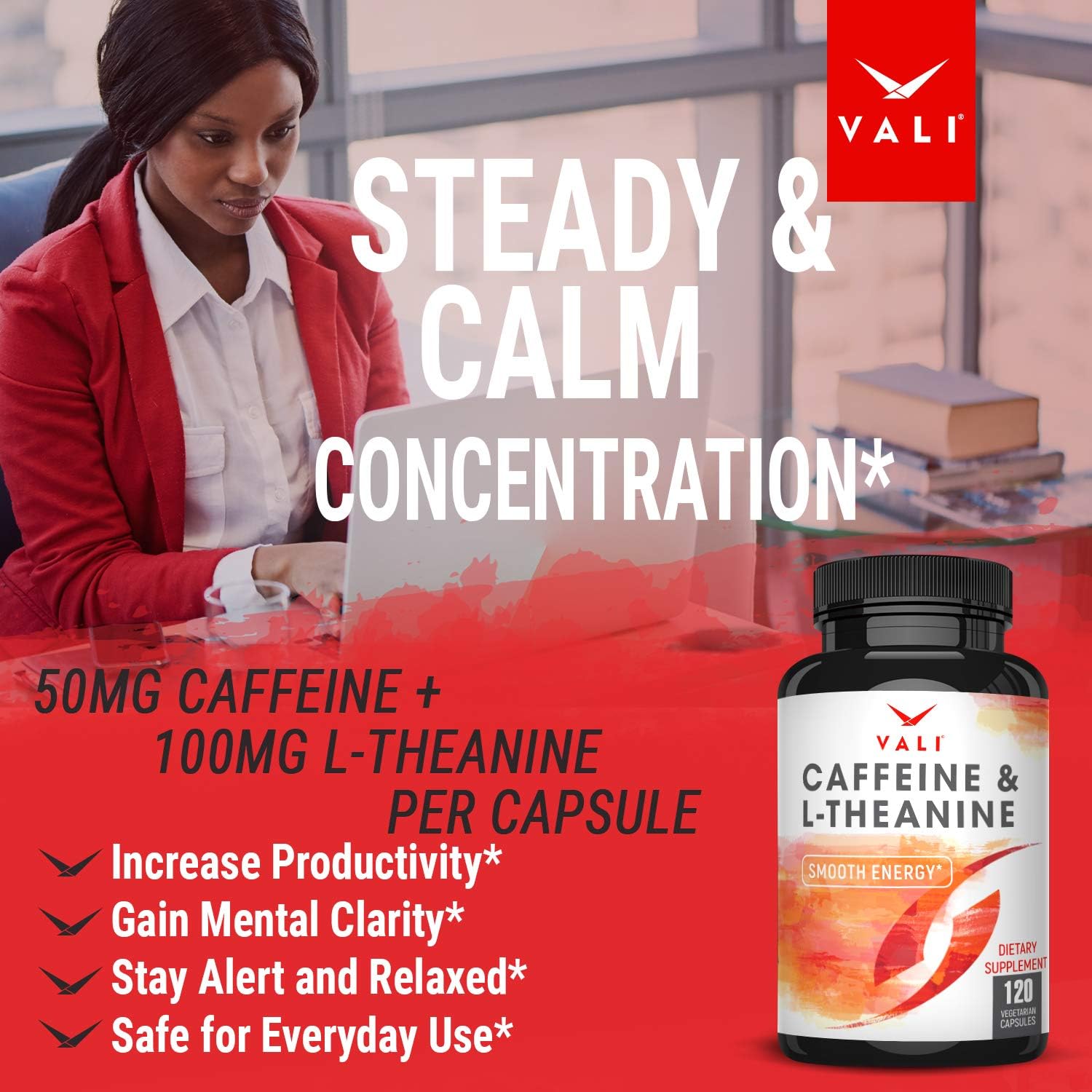 VALI Caffeine 50mg & L Theanine 100mg - Caffeine Pills & L-Theanine for Smart Smooth Energy & Focus Supplement. Nootropic Brain Booster Cognitive Support Stack & Focused Clarity. 120 Veggie Capsules : Health & Household