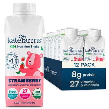 KATE FARMS Organic Kids Nutrition Shake, Strawberry, 8g protein, 27 Vitamins and Minerals, Meal Replacement, Protein Shake, Gluten Free, Non-GMO, 8.45 oz (12 Pack)