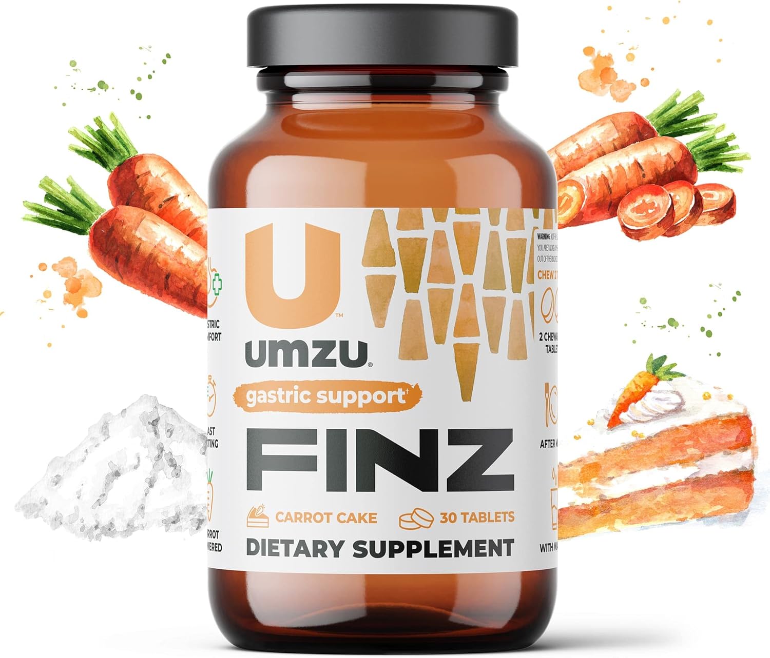 UMZU Finz Natural Gastric Comfort Supplement | Fast Acting Heartburn Relief with 3 Natural Ingredients Carrot Root, Calcium & Sodium Alginate for Balanced pH (Carrot Cake | 20 Tablets) : Health & Household