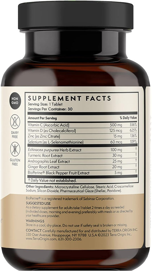 TERRA ORIGIN Immunity Boost Tablets Vitamin C, Vitamin D, Echinacea, Selenium, Turmeric, Andrographis, Ginger Root, Zinc with BioPerine(R)