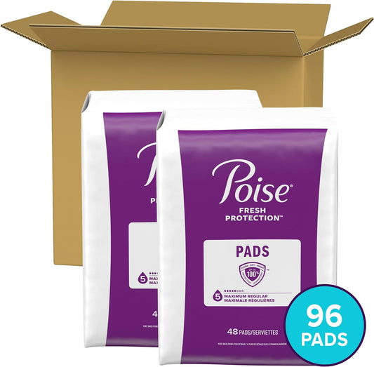 Poise Incontinence Pads & Postpartum Incontinence Pads, 5 Drop Maximum Absorbency, Regular Length, 96 Count (2 Packs of 48), Packaging May Vary