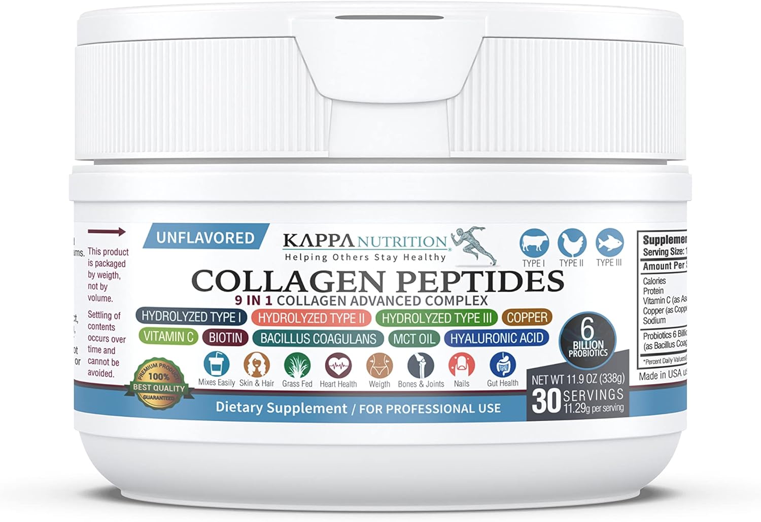 Kappa Nutrition (11.9Oz) Collagen Type I, Ii, Iii, 6 Billion Probiotic Acid Resistance, Hyaluronic Acid, Vitamin C, Biotin, Copper And Mct Oil, Beautiful Hair, Nails, & Skin, Collagen Peptides 9 In 1