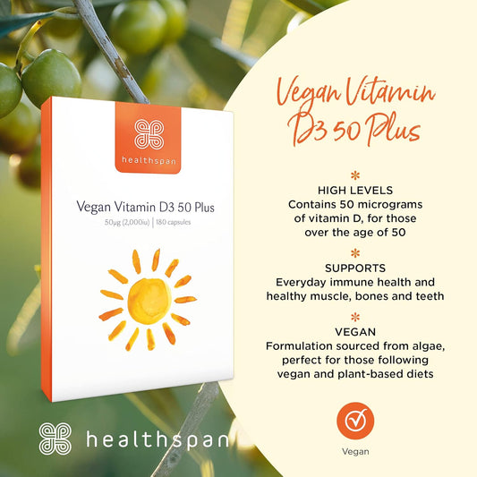 Healthspan Vegan Vitamin D3 50 Plus | 180 Capsules | 50 Micrograms Of Vitamin D | Healthy Muscle, Bones & Teeth | Immune Support