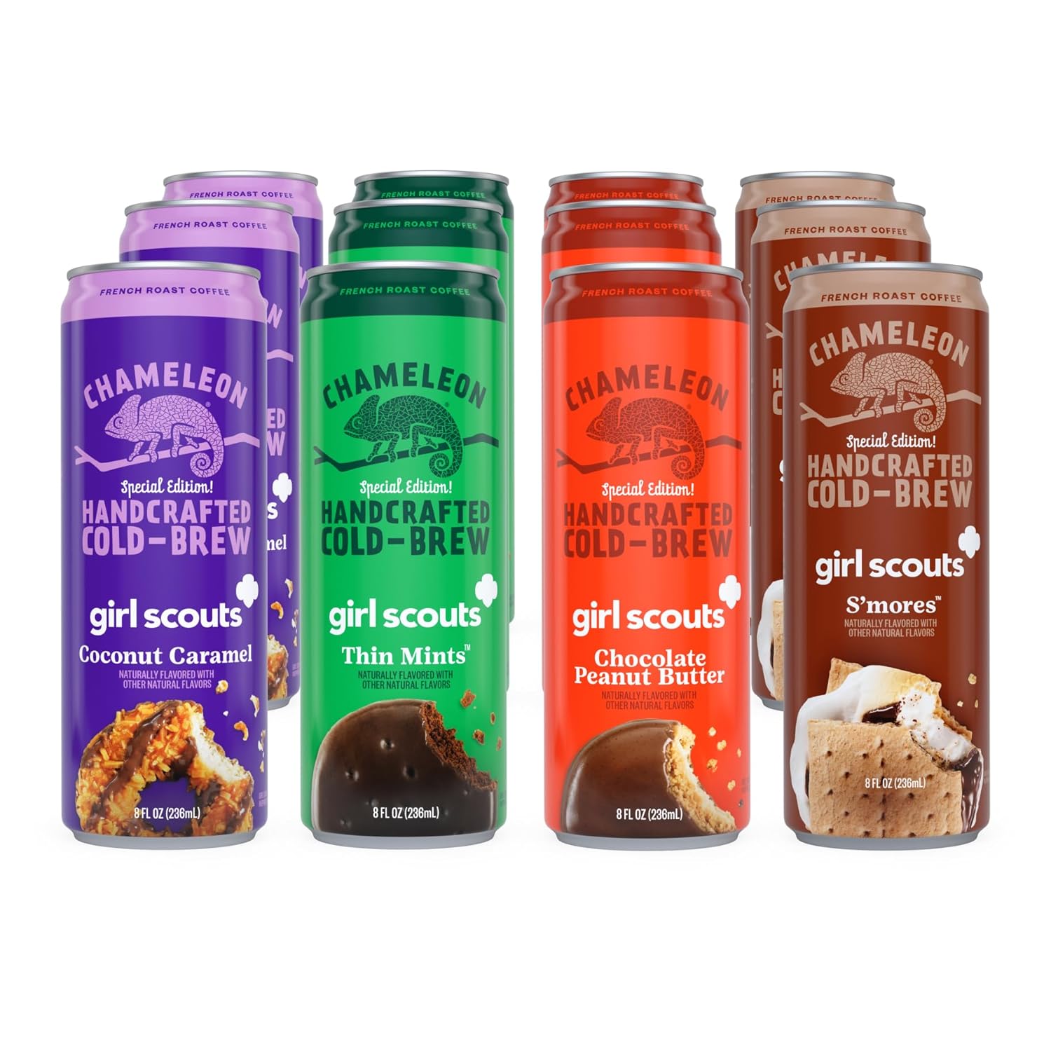 Chameleon Cold Brew Coffee Latte Variety Pack, Includes Girl Scout Thin Mint, Coconut Caramel, Peanut Butter & S'Mores, 8 Oz Canned Coffee (12 Pack)