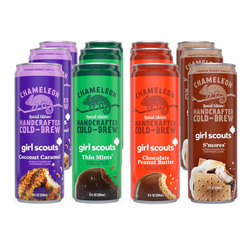 Chameleon Cold Brew Coffee Latte Variety Pack, Includes Girl Scout Thin Mint, Coconut Caramel, Peanut Butter & S'Mores, 8 Oz Canned Coffee (12 Pack)