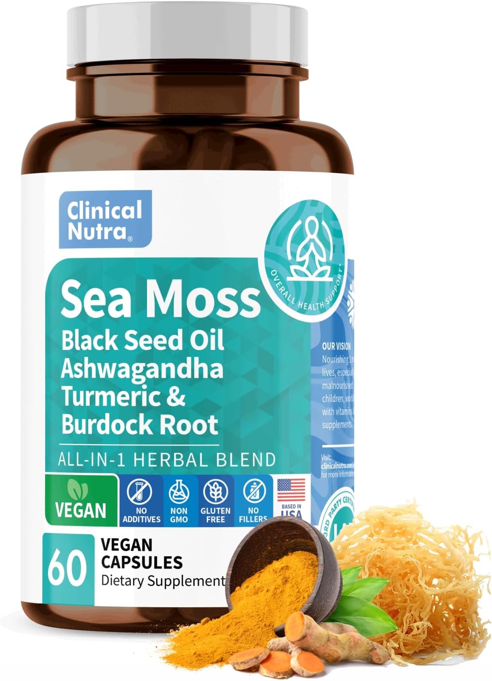 12-in-1 Sea Moss Supplement 3000mg Ashwagandha 1000mg Black Seed Oil 2000mg Burdock 1000mg, Bladderwrack 1000mg, Turmeric 2000mg - Manuka Honey, Dandelion & Black Pepper - 60 Capsules