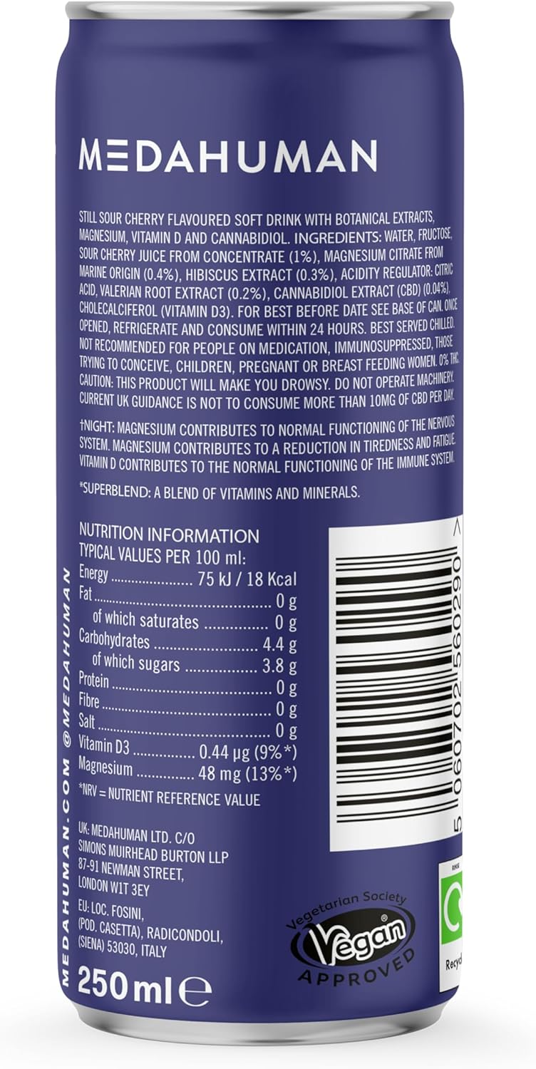 MEDAHUMAN CBD Still Drink (20mg), Night, Sour Cherry & Hibiscus, with Valerian Root, Vitamin D3 & Magnesium,Adaptogens & CBD Sleep Aid & Anxiety Relief Drink (Pack of 12 x 250ml),Packaging May Vary : Amazon.co.uk: Grocery