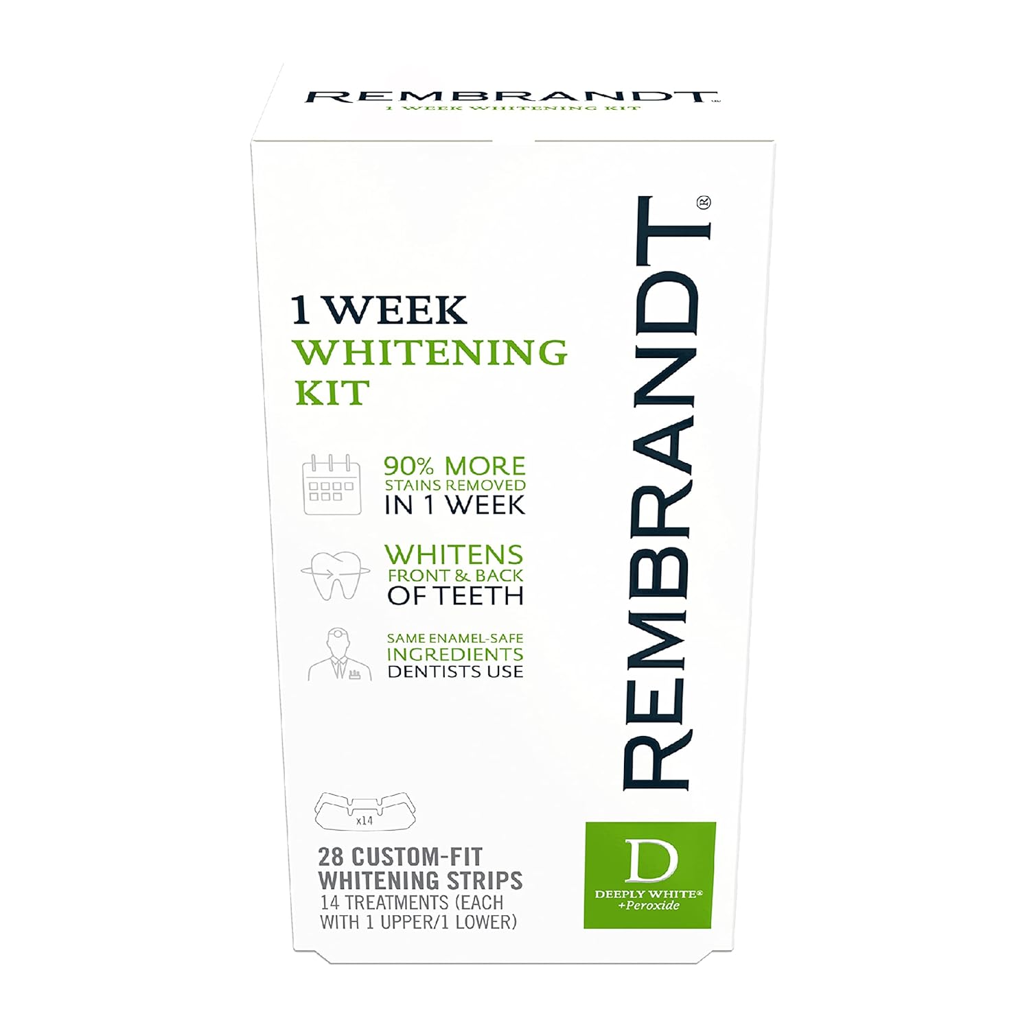 Rembrandt Deeply White + Peroxide 1 Week Teeth Whitening Kit, Removes Tough Stains, Enamel-Safe, 28 Custom-Fit Whitening Strips (14 Treatments)