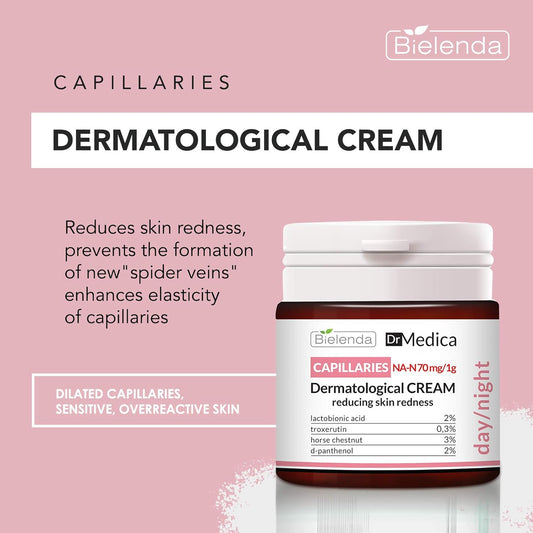 Bielenda Dr Medica - Reduces Skin Redness, Prevents The Formation Of New Veins Enhances Elasticity Of Capillaries - Dr Medica Capillary Skin Dermatologic Anti-Redness Face Cream Day/Night - 50 Ml