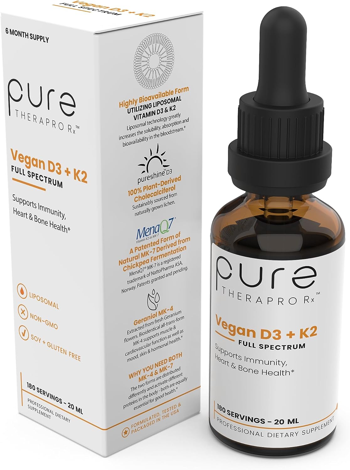 Vegan D3 + K2 Organic 100% Liposomal | 180 Servings | Maximum Absorption Vitamin D3 And Vitamin K2 Supplements For Men And Women, D3 Vitamin 5000 Iu, Liquid Vitamin D3 With K2 - 20 Ml Bottle