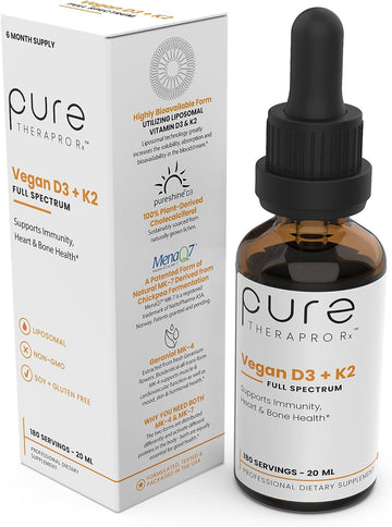 Vegan D3 + K2 Organic 100% Liposomal | 180 Servings | Maximum Absorption Vitamin D3 And Vitamin K2 Supplements For Men And Women, D3 Vitamin 5000 Iu, Liquid Vitamin D3 With K2 - 20 Ml Bottle