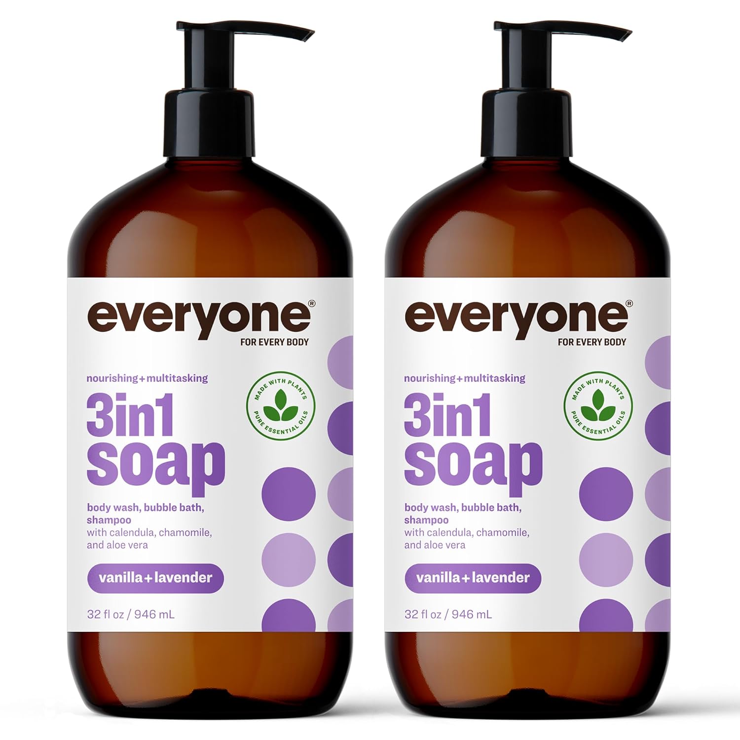 Everyone 3-in-1 Soap, Body Wash, Bubble Bath, Shampoo, 32 Ounce (Pack of 2), Vanilla and Lavender, Coconut Cleanser with Plant Extracts and Pure Essential Oils