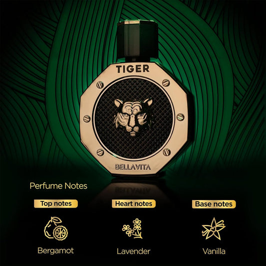 Bellavita Luxury Tiger Perfume For Men (3.38 Fl.Oz) | Amber Oud, Patchouli, Bergamot, Lavender & Agarwood | Premium Lasting Men'S Fragrances | Eau De Parfum Gift For Men | Woody & Smooth Mens Purfume