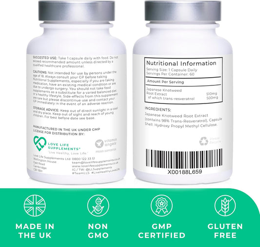 High Strength Trans-Resveratrol - 98% Purity (3Rd Party Tested) | 500Mg X 60 Capsules / 60 Servings | From Japanese Knotweed Root Extract | Pure Fill (Nothing Else Added) | Love Life Supplements