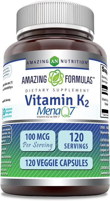 Amazing Formulas Vitamin K2 Menaq7 Mk7 100Mcg 120 Veggie Capsules Supplement | Non-Gmo | Gluten Free | Made In Usa | Suitable For Vegetarians