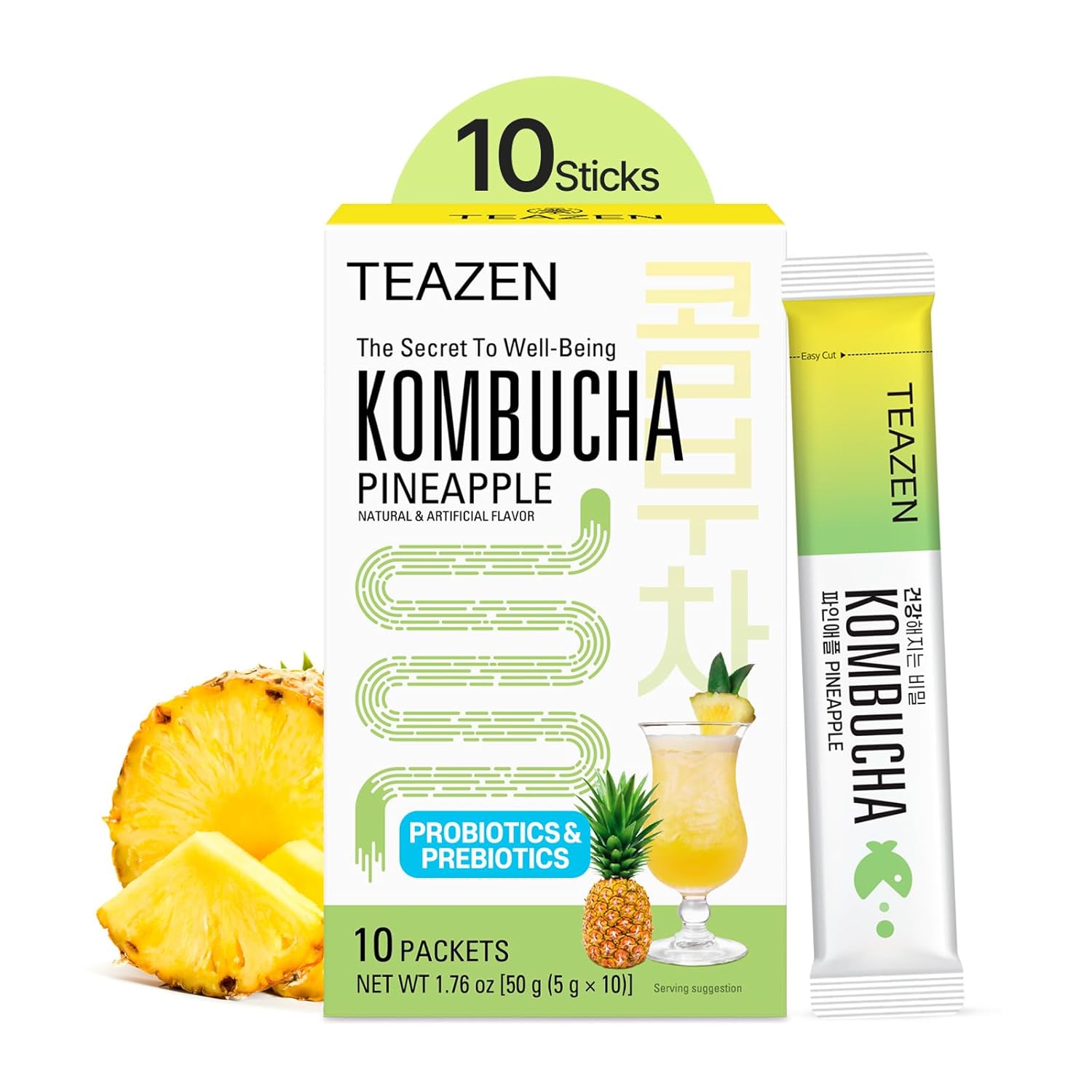 Teazen Pineapple Kombucha Tea, Hydration Drink Mix, Sugar Free, Live Probiotics & Prebiotics, 10 Sticks, 1.76Oz