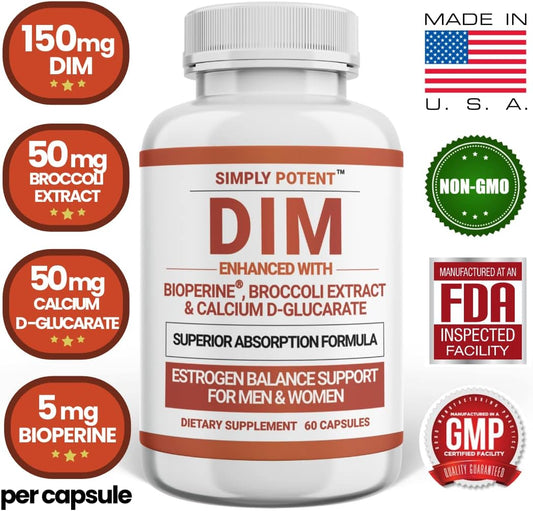 DIM Supplement 250mg + BioPerine, Hormone Support for Men & Women - Soothe Signs of Menopause, Disposition Aid, Estrogen Balance, Discomfort Alleviation, Focus, Clarity, Estrogen Neutralizer for Men