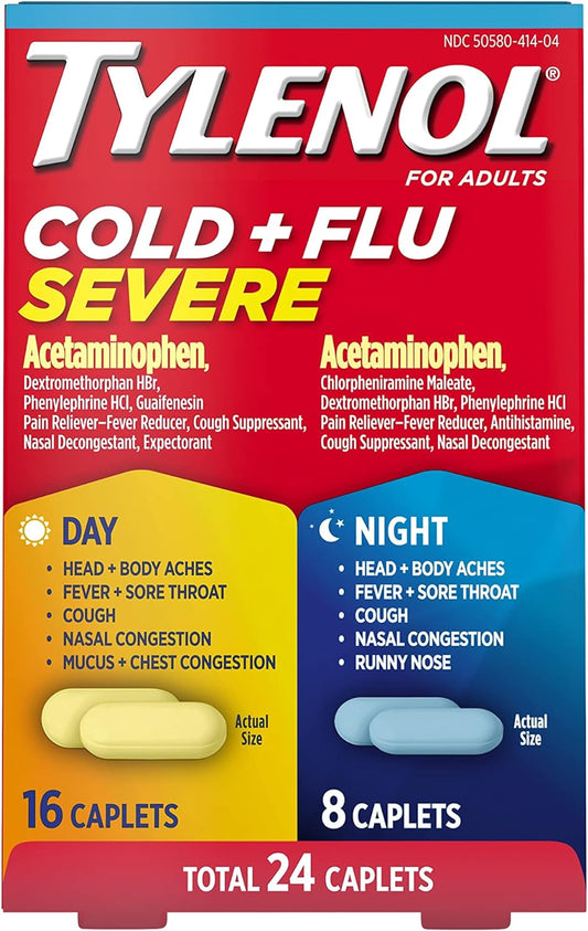 Tylenol Cold + Flu Severe Day & Night Caplets For Fever, Pain, Cough & Congestion Relief, 24 Count