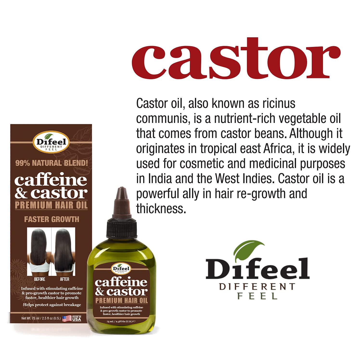 Difeel Caffeine & Castor Premium Hair Oil for Faster Hair Growth 2.5 oz. : Beauty & Personal Care