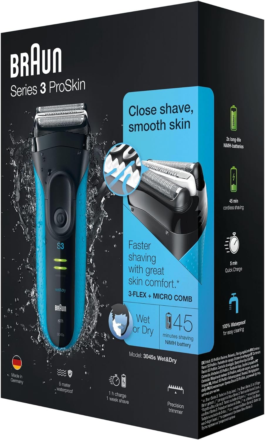 Braun Series 3 Electric Shaver, Rechargeable and Cordless Wet & Dry Electric Razor for Men with Precision Trimmer, Braun ProSkin 3045s Black/Blue : Amazon.co.uk: Health & Personal Care