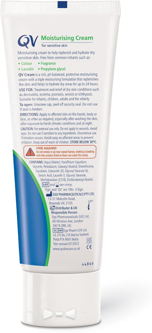 Qv Cream With 10% Glycerin (100G) Rich Protective Moisturiser For Sensitive, Dry Skin, Fragrance Free, Noncomedogenic Body Cream, Hydrating Skin Care For Eczema, Psoriasis, Dermatitis, Tube