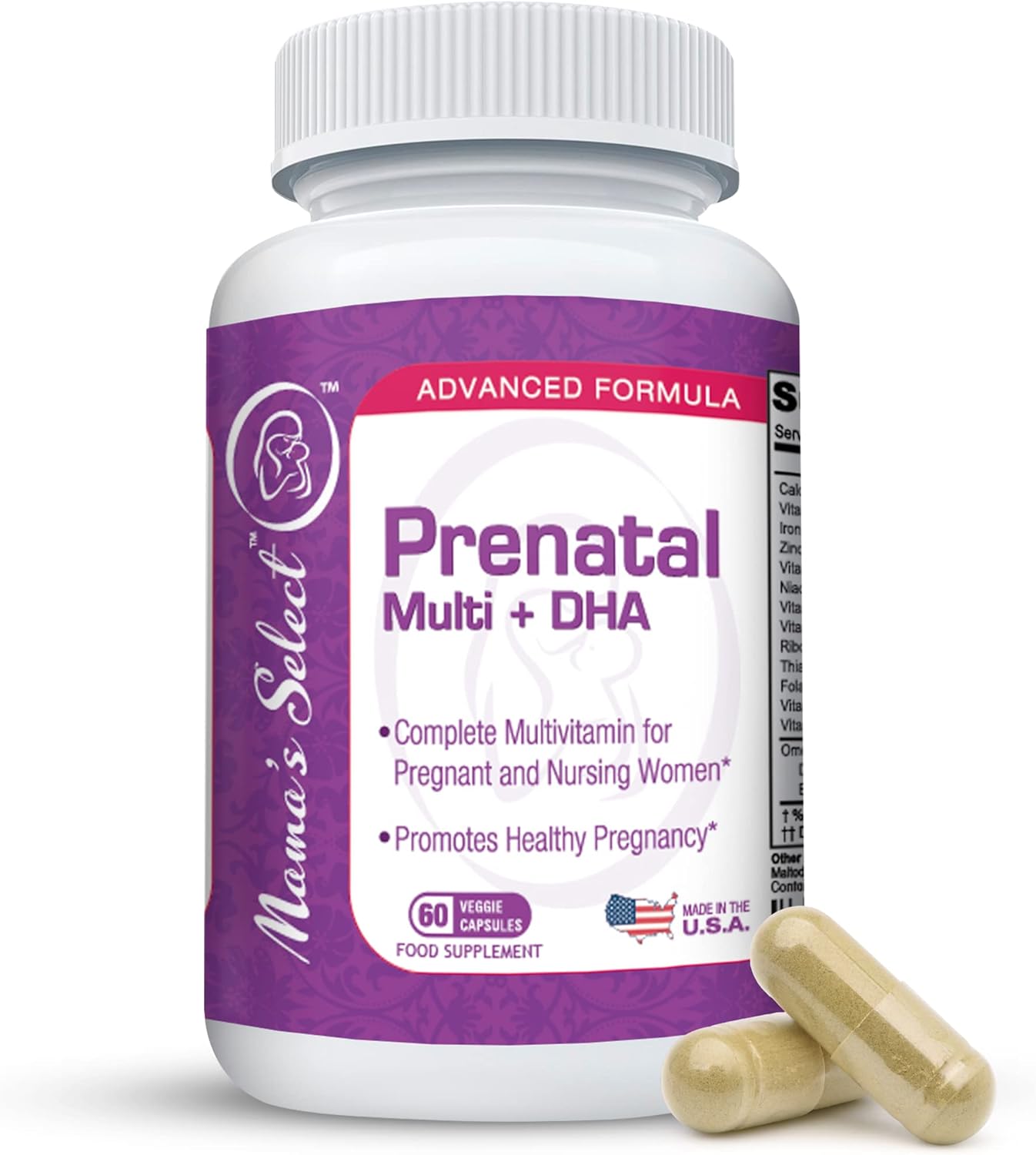 Mama'S Select Prenatal Vitamins For Women With Iron, Vitamin D, Dha, And Folic Acid For Pregnant Women, Methyl Folate Safe For Mthfr - Slow-Release Supplement, Gentle On Stomach, 60 Veggie Capsules