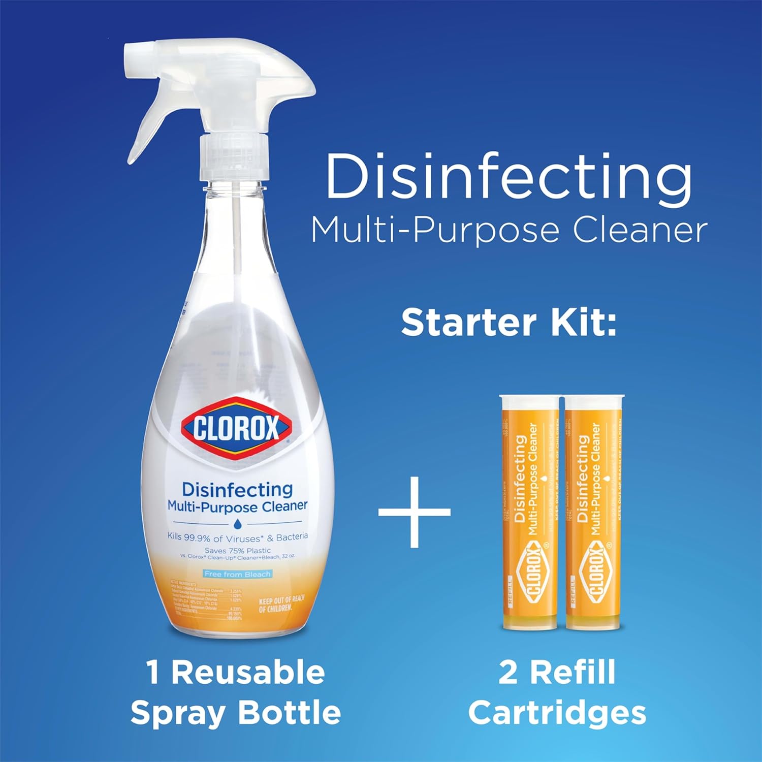 Clorox Disinfecting Multi-Purpose Cleaner Starter Kit, Household Essentials, One Reusable Spray Bottle Plus 2 Refills