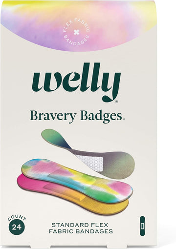 Welly Bandages Refill Pack - Bravery Badges, Adhesive Flexible Fabric Bandages, Standard Shapes, Colorwash Tie Dye Patterns - 24 Count, 4 Pack