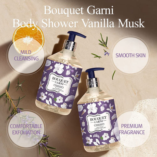 Bouquet Garni Body Shower Vanilla Musk Fragrance - Gentle Cleaning, Skin Care, Long-Lasting Fragrance (Containing Tea Tree And Lavender Extract) - 17.6 Oz