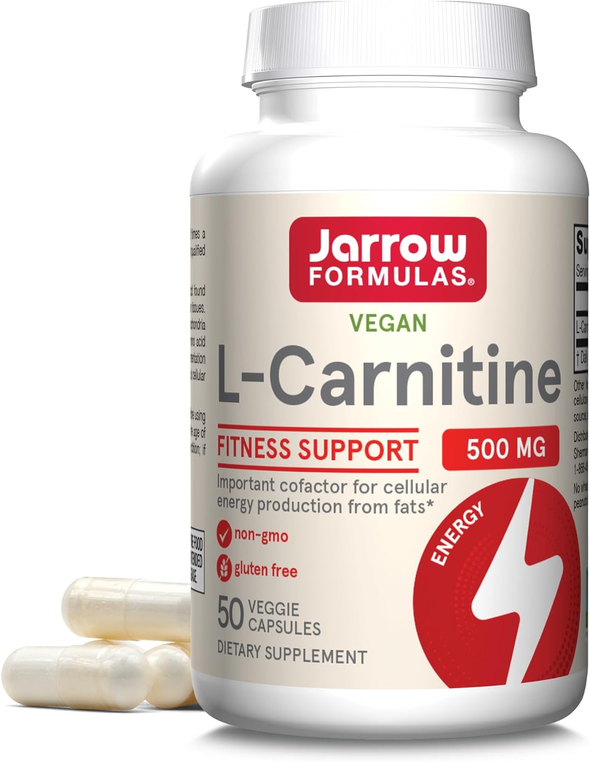 Jarrow Formulas L-Carnitine 500 Mg, Dietary Supplement, Support For Cellular Energy Production, 50 Veggie Capsules, 50 Day Supply