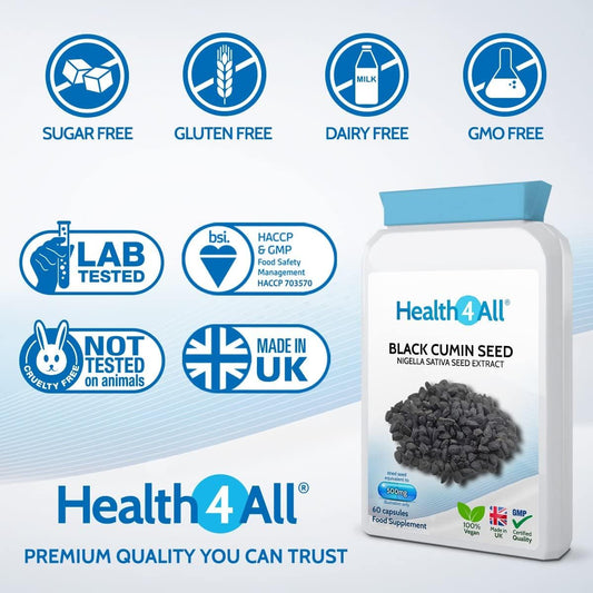 Health4All Black Cumin Seed 500Mg 60 Capsules, Vegan Nigella Sativa Extract, Immune Support Supplement Capsules (Not Tablets Nor Oil), Natual Thymoquinone From Black Seed | Made In Uk