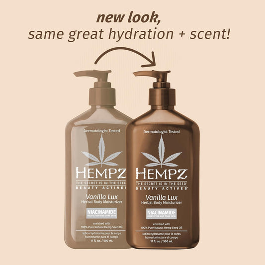 Hempz Vanilla Lux Herbal Body Moisturizer 17 Oz. With Niacinamide, New Look