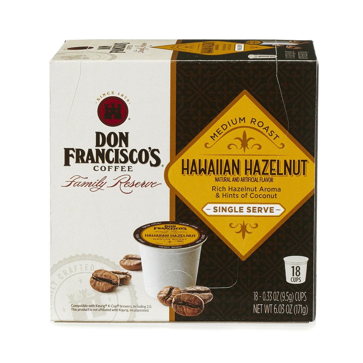 Don Francisco'S Hawaiian Hazelnut, Premium 100% Arabica Coffee Roast, Medium-Roast, Single Serve-Pods For Keurig, 18-Count, Family Reserve
