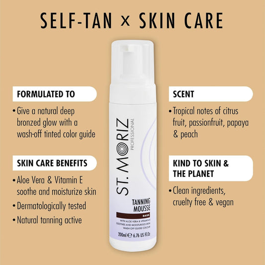 St Moriz Professional Instant Clear Tanning Mousse In Medium To Dark | Fast Drying Vegan Fake Tan | With Aloe Vera & Vitamin E | Light Glow In 1 Hour, Deeper Glow After 8 Hours | Cruelty Free | 200Ml