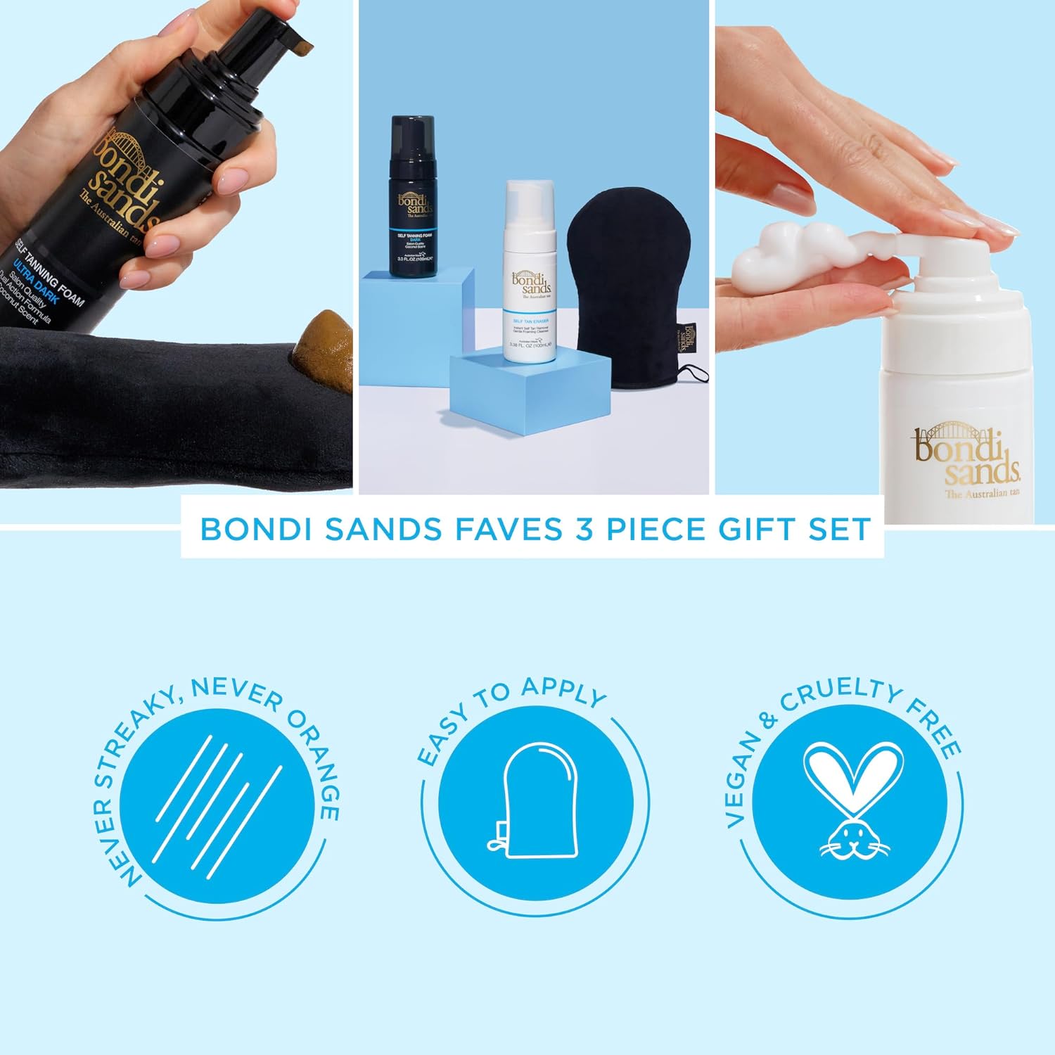 Bondi Sands 3 Piece Travel Essentials Bundle | Mini Self Tan Kit | Includes Dark Self Tanning Foam 100ml, Self Tan Eraser 100ml & Application Mitt : Beauty & Personal Care