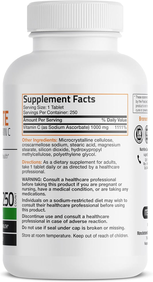 Sodium Ascorbate Non Acidic Vitamin C 1000 Mg Tablets - Gentle On The Stomach - Immune System Booster - Powerful Antioxidant - Non GMO Vitamin C Supplement, 250 Count