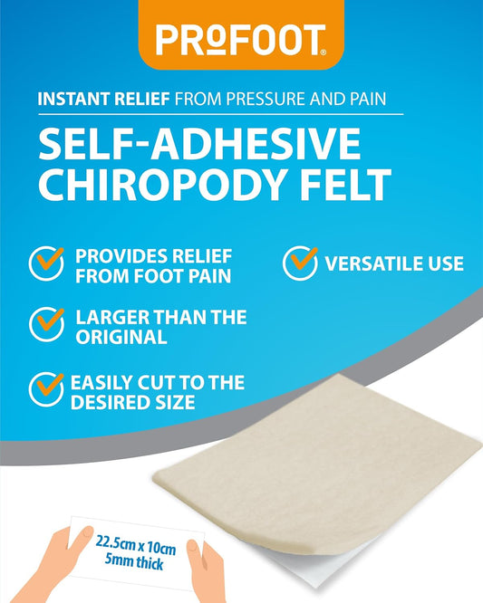 Profoot Chiropody Felt - Self-Adhesive Chiropody Padding For Foot Pain - Instant Relief From Pressure - Gentle On Skin - Ideal For Blisters, Bunions, Calluses & Discomfort - Pack Of 2