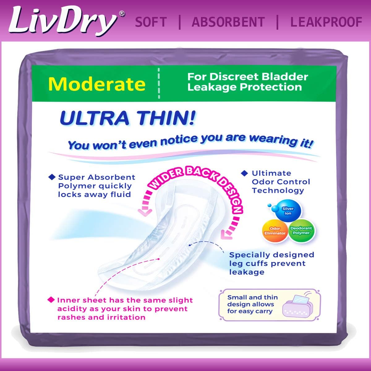 LivDry Incontinence Ultra Thin Pads for Women | Leak Protection and Odor Control | Extra Absorbent (Moderate 48-Count) : Health & Household