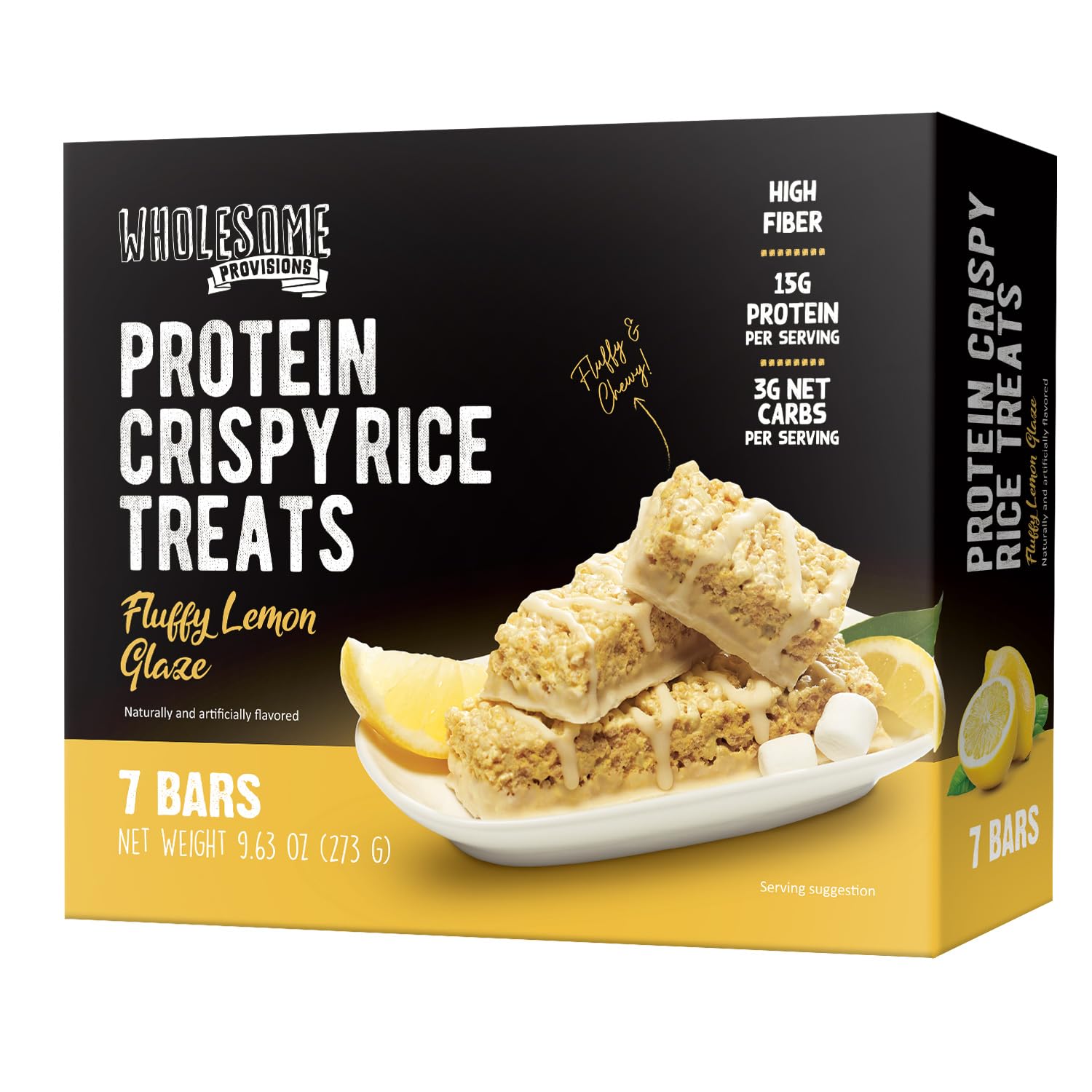 Protein Crispy Rice Treats, 15G Protein, 3G-7G Net Carbs, Low Carb, Fluffy, Soft, Chewy, Gluten Free, High Fiber, Keto-Friendly, No Aftertaste (Fluffy Lemon Glaze, 1 Pack)