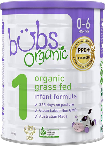 Bubs Organic Grass Fed Infant Formula Stage 1, Infants 0-6 months, Made with Non-GMO Organic Milk, 28.2 Oz