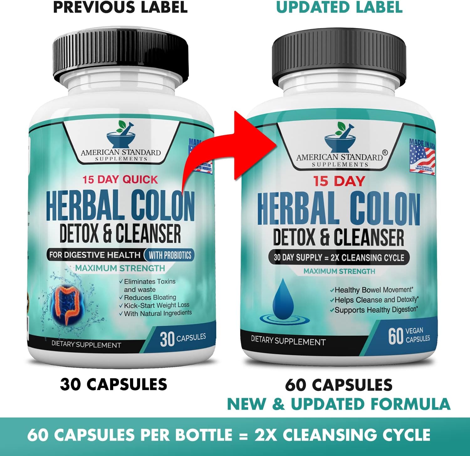 American Standard Supplements Colon Cleanse - 60 Veggie Capsules, 30 Servings – Herbal Blend With Psyllium Husk, Senna Leaves, Aloe Vera, Ginger, Cascara Sagrada & More